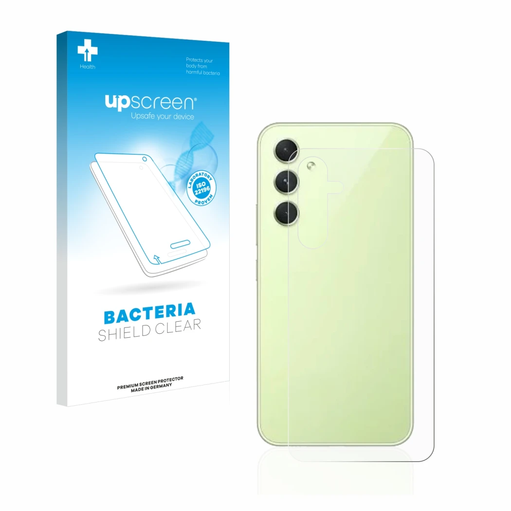 Face avant d’un emballage produit avec le logo de la marque upscreen. À côté, l’appareil Samsung Galaxy A54 5G (Arrière) est r