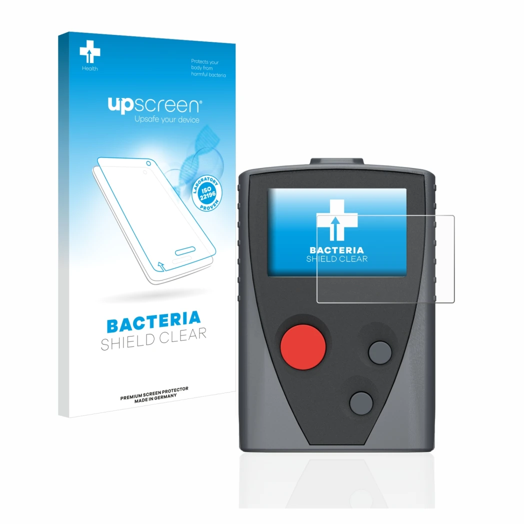 Face avant d’un emballage produit avec le logo de la marque upscreen. À côté, l’appareil Swissphone Boss 935 est représenté av