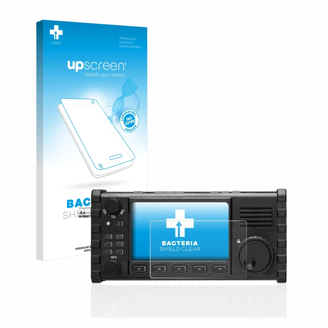 Face avant d’un emballage produit avec le logo de la marque upscreen. À côté, l’appareil Xiegu X6100 HF-Transceiver est représ