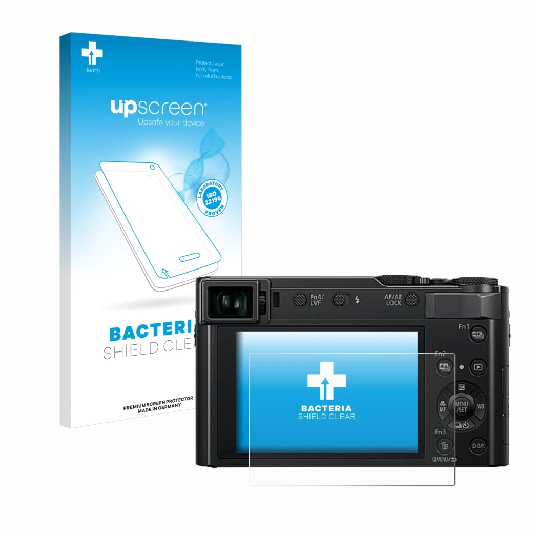 Face avant d’un emballage produit avec le logo de la marque upscreen. À côté, l’appareil Panasonic Lumix DC-TZ202D est représe