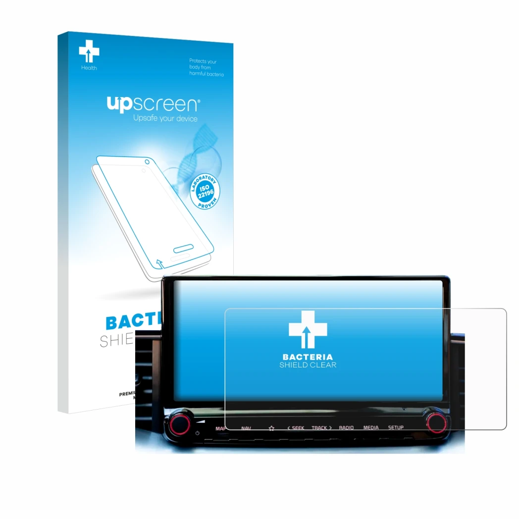Face avant d’un emballage produit avec le logo de la marque upscreen. À côté, l’appareil Kia Xceed 2023 Infotainment System es