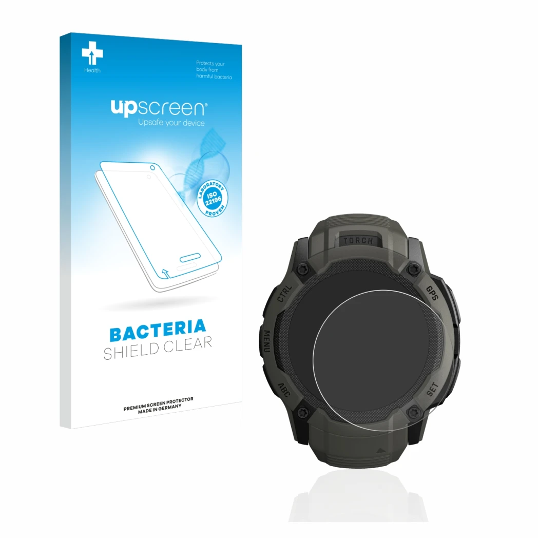 Face avant d’un emballage produit avec le logo de la marque upscreen. À côté, l’appareil Garmin Instinct 2X Solar est représen