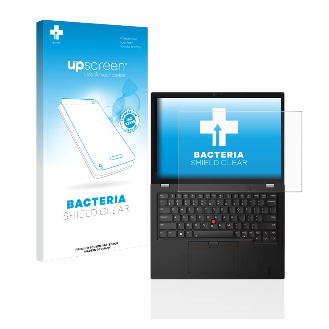 Face avant d’un emballage produit avec le logo de la marque upscreen. À côté, l’appareil Lenovo Thinkpad L13 Gen 3 est représe