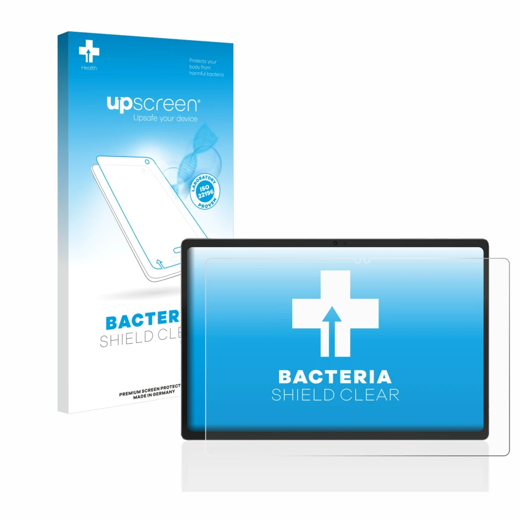 Face avant d’un emballage produit avec le logo de la marque upscreen. À côté, l’appareil Jumper EZpad M11 est représenté avec 
