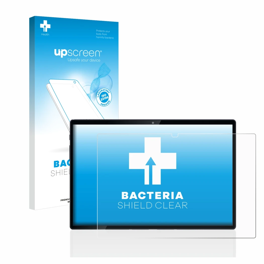 Face avant d’un emballage produit avec le logo de la marque upscreen. À côté, l’appareil Mediacom SmartPad Azimut 3 Lite 4G es