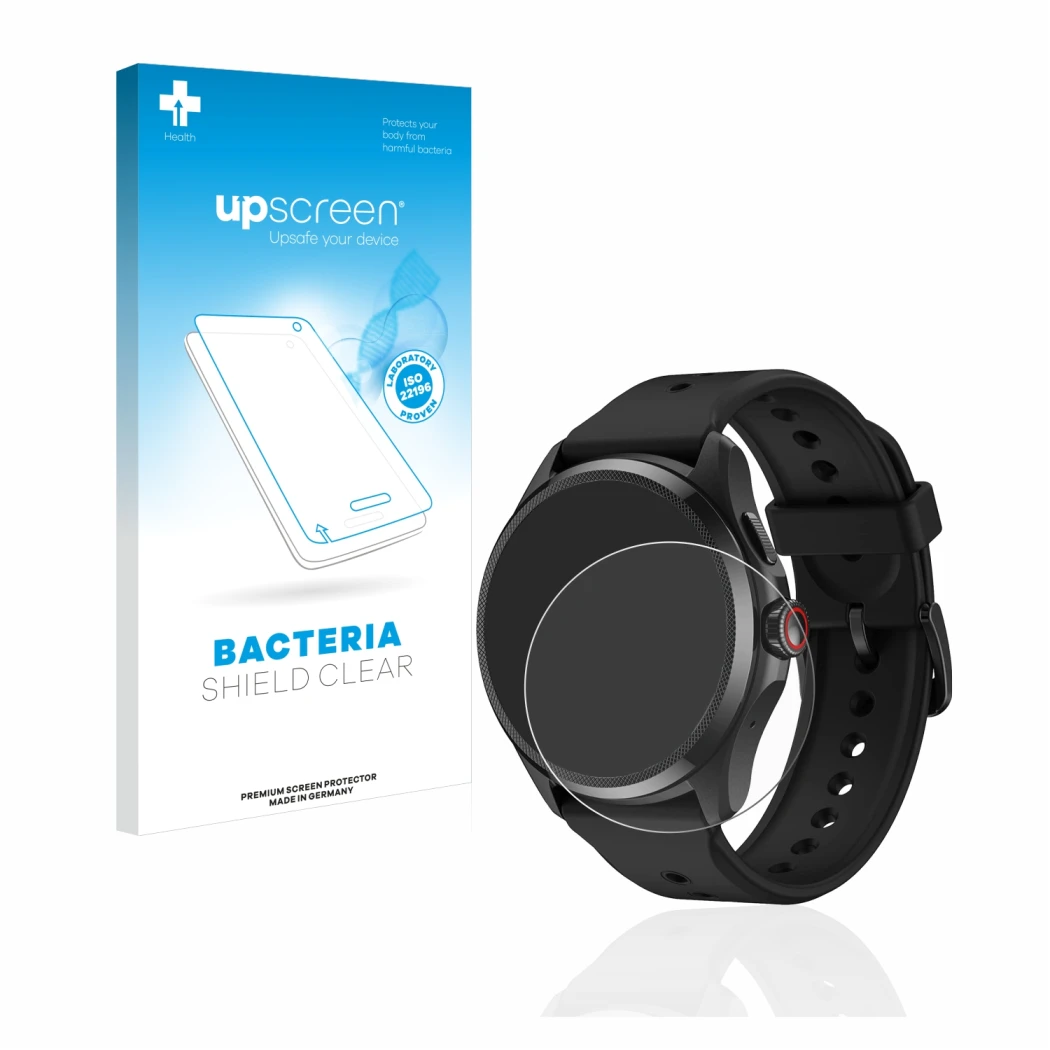 Face avant d’un emballage produit avec le logo de la marque upscreen. À côté, l’appareil Mobvoi TicWatch Pro 5 est représenté