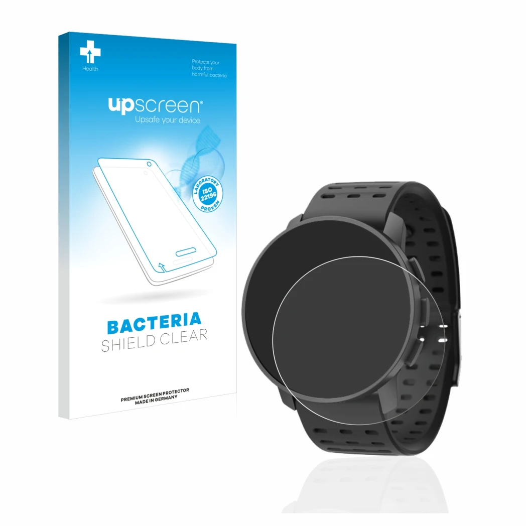Face avant d’un emballage produit avec le logo de la marque upscreen. À côté, l’appareil Suunto 9 Peak Pro est représenté avec