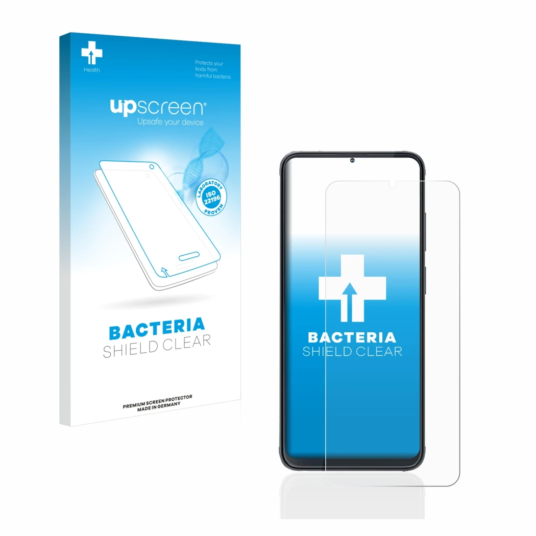 Face avant d’un emballage produit avec le logo de la marque upscreen. À côté, l’appareil Cubot X70 est représenté avec la prot
