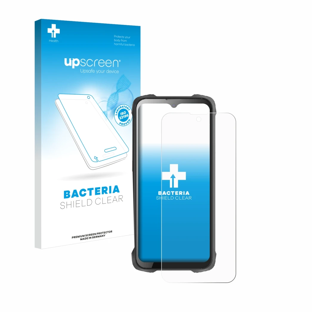 Face avant d’un emballage produit avec le logo de la marque upscreen. À côté, l’appareil Cubot King Kong 9 est représenté avec