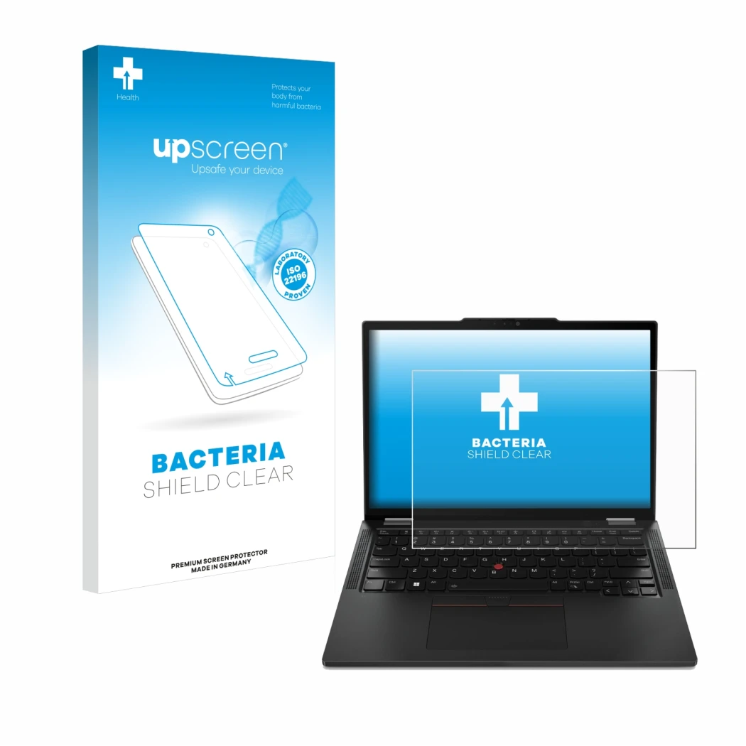 Face avant d’un emballage produit avec le logo de la marque upscreen. À côté, l’appareil Lenovo ThinkPad X13 Gen 4 est représe