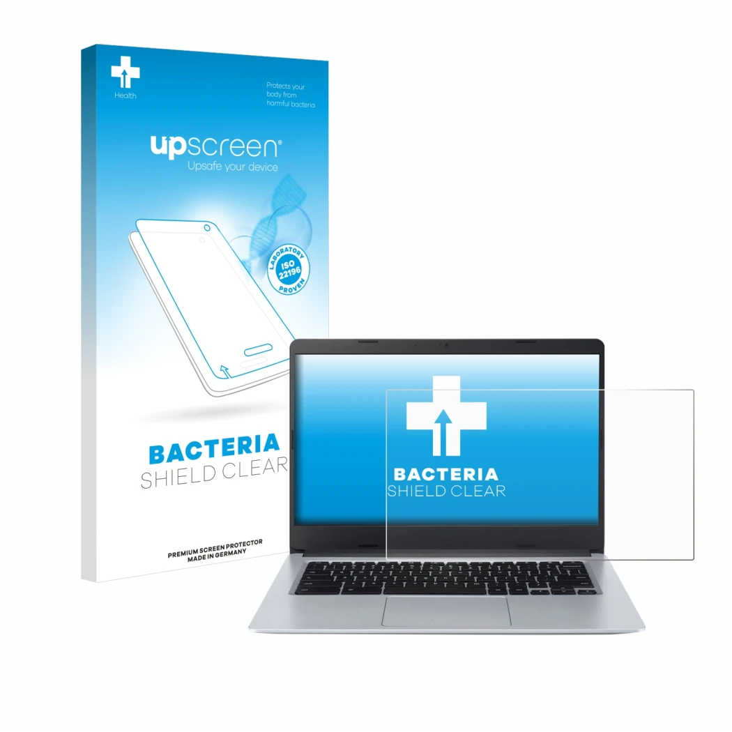 Face avant d’un emballage produit avec le logo de la marque upscreen. À côté, l’appareil Acer Chromebook Spin 314 CB314-2HT es