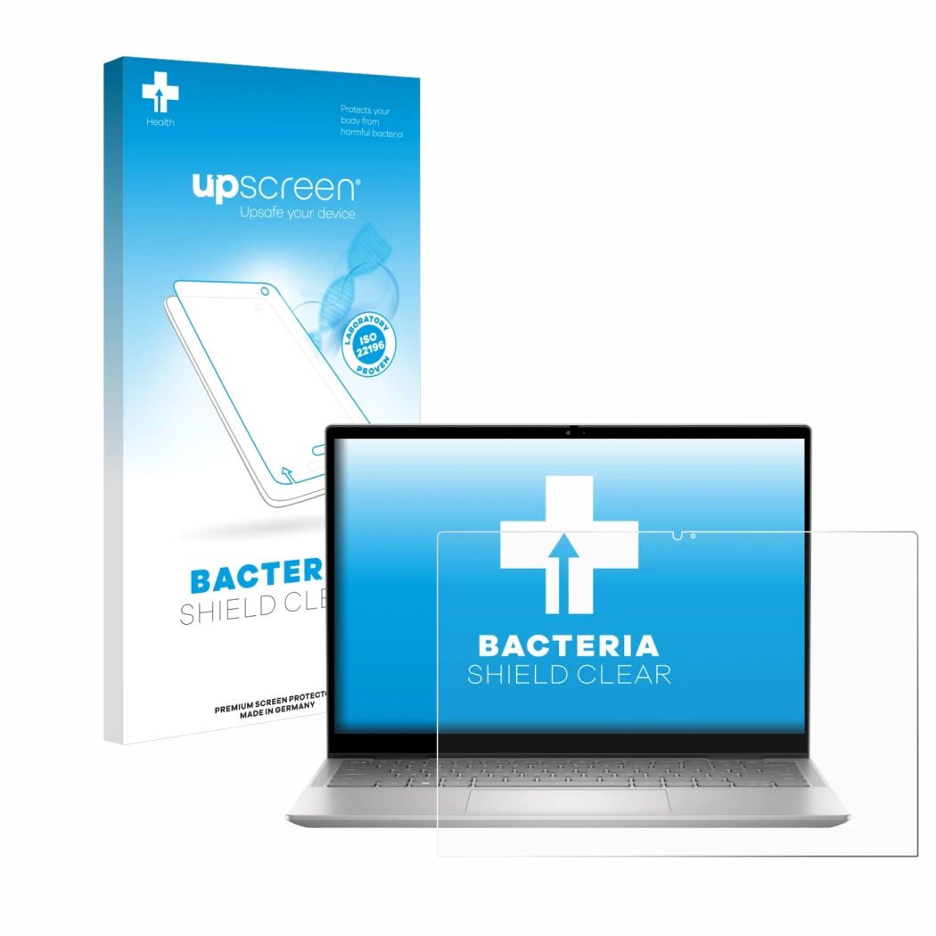 Face avant d’un emballage produit avec le logo de la marque upscreen. À côté, l’appareil Dell Inspiron 14 7430 2-in-1 est repr