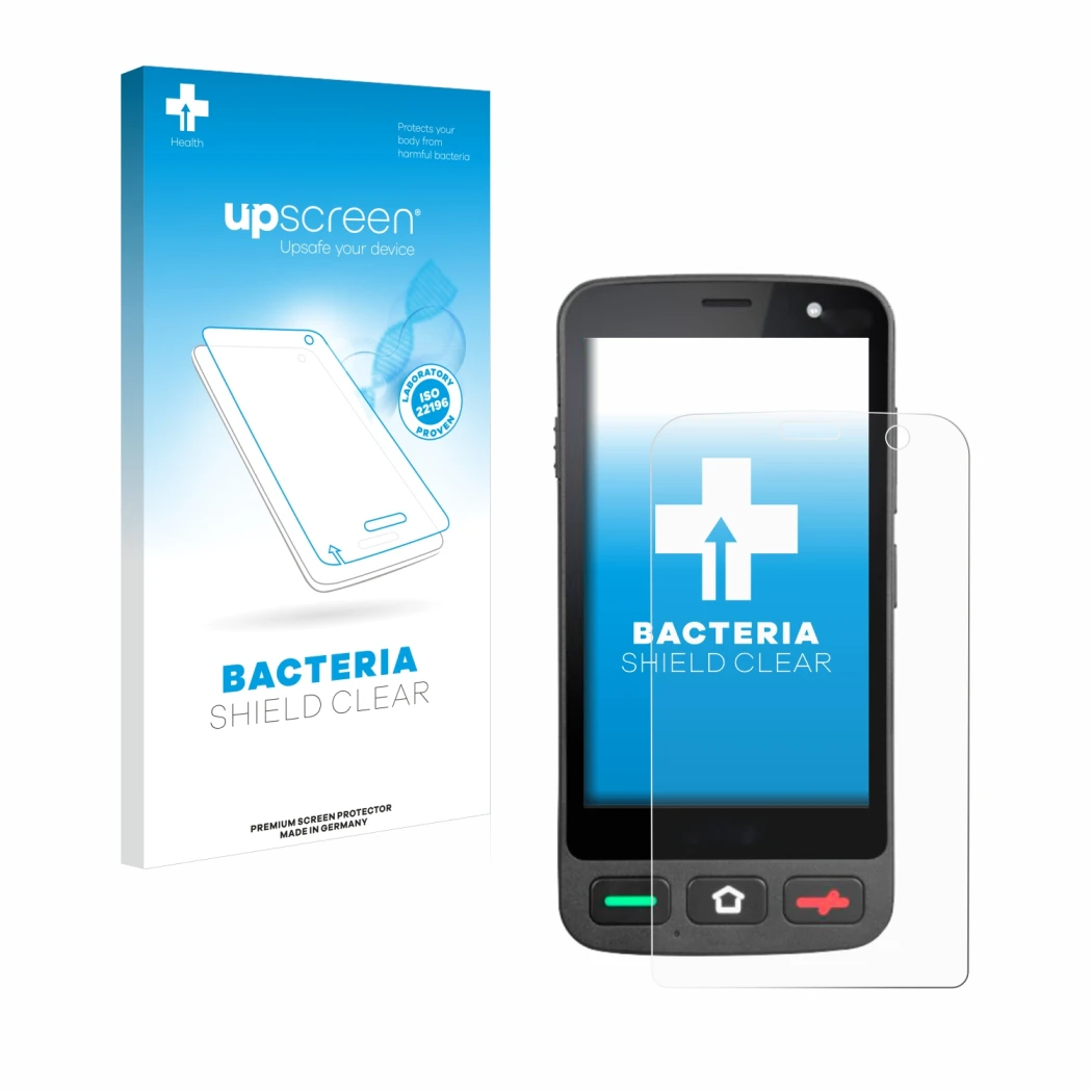 Face avant d’un emballage produit avec le logo de la marque upscreen. À côté, l’appareil Brondi Amico Pocket est représenté av