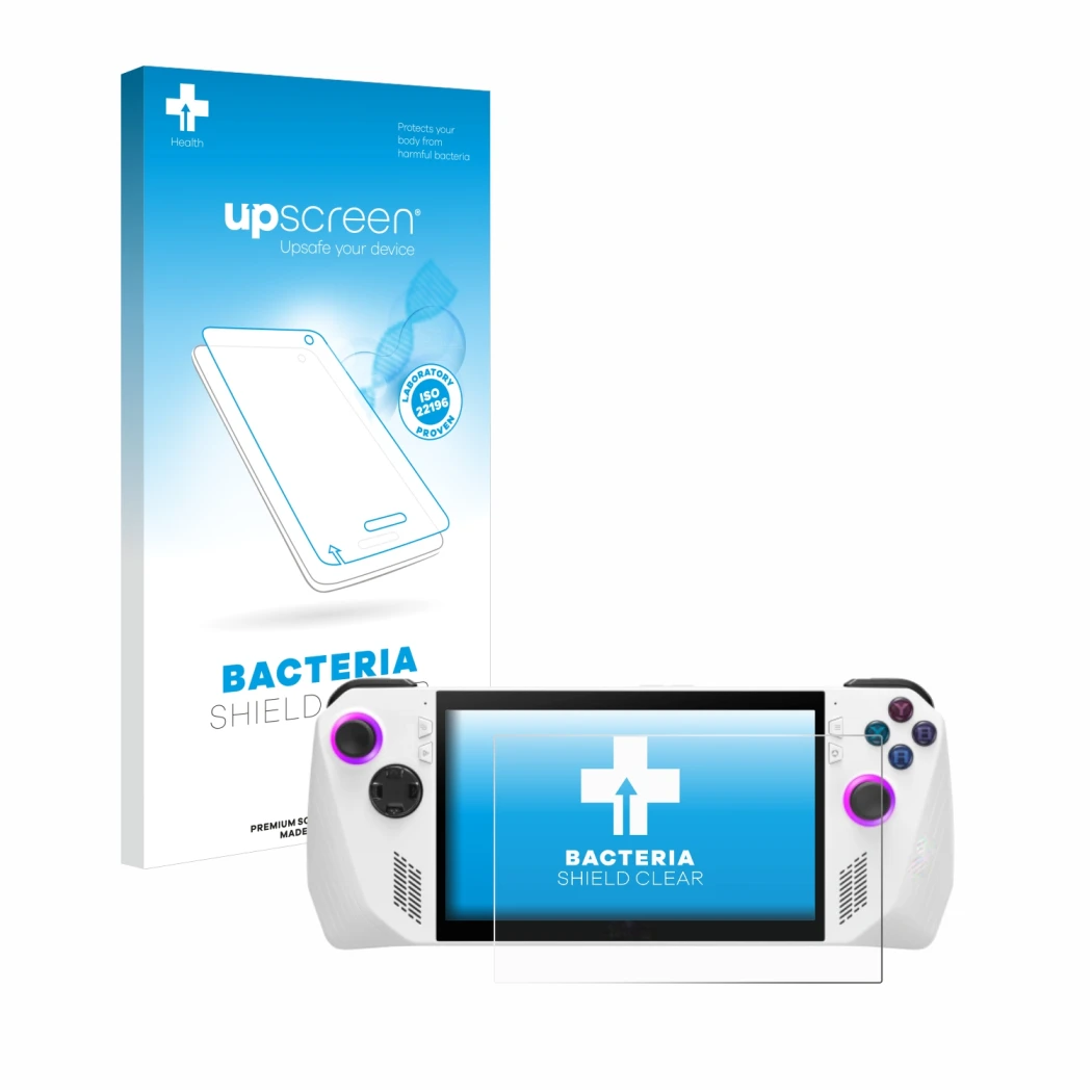 Face avant d’un emballage produit avec le logo de la marque upscreen. À côté, l’appareil ASUS ROG Ally (2023) RC71L est représ