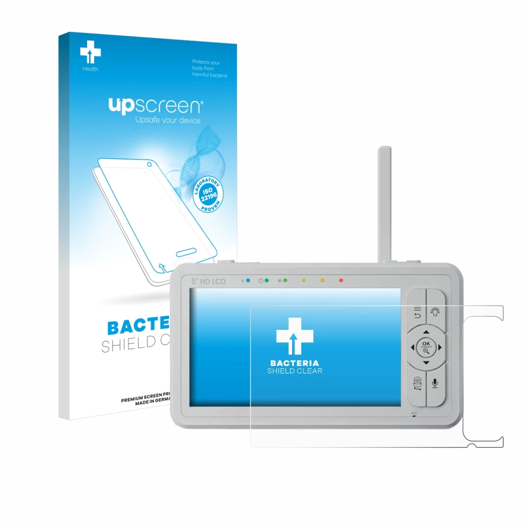 Face avant d’un emballage produit avec le logo de la marque upscreen. À côté, l’appareil Babysense HD S2 5