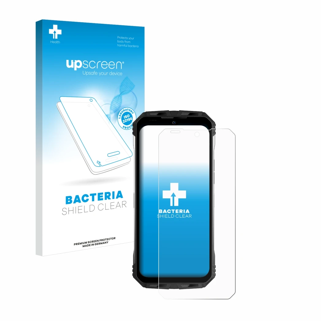 Face avant d’un emballage produit avec le logo de la marque upscreen. À côté, l’appareil Doogee S100 Pro est représenté avec l