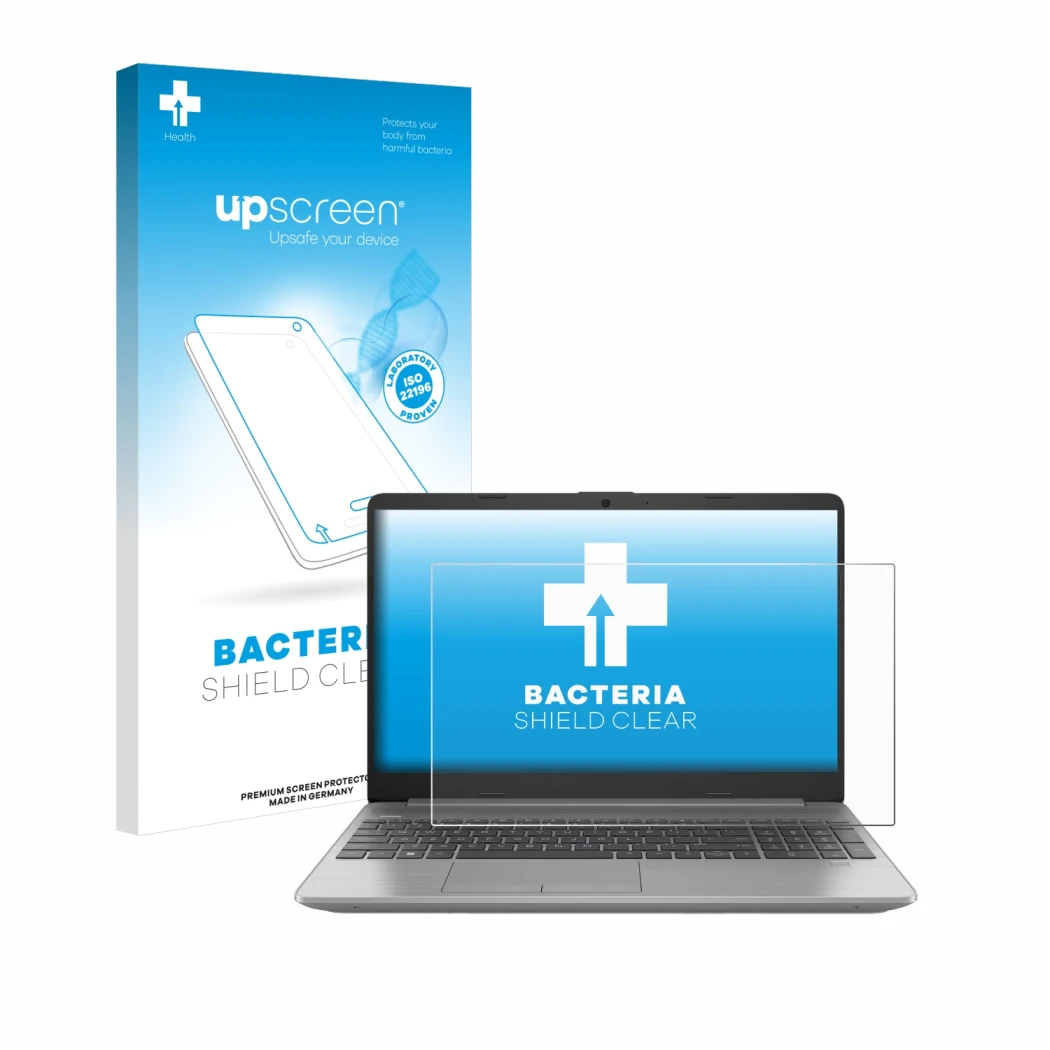 Face avant d’un emballage produit avec le logo de la marque upscreen. À côté, l’appareil HP 250 G9 est représenté avec la prot