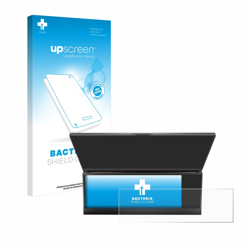 Face avant d’un emballage produit avec le logo de la marque upscreen. À côté, l’appareil ASUS ROG Zephyrus Duo 16 2023 (Touch