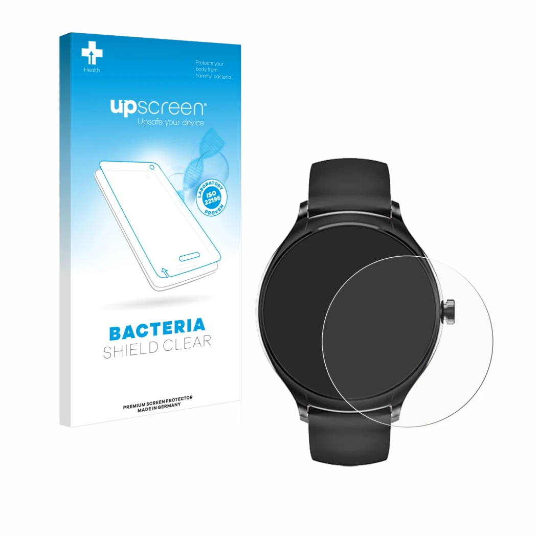 Face avant d’un emballage produit avec le logo de la marque upscreen. À côté, l’appareil Pireware Harmony 4 est représenté ave