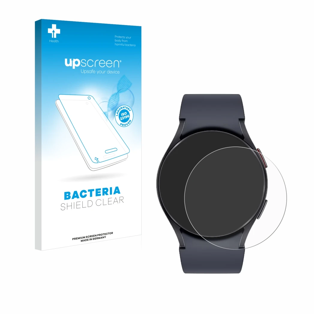 Face avant d’un emballage produit avec le logo de la marque upscreen. À côté, l’appareil Samsung Galaxy Watch 6 (40 mm) est re