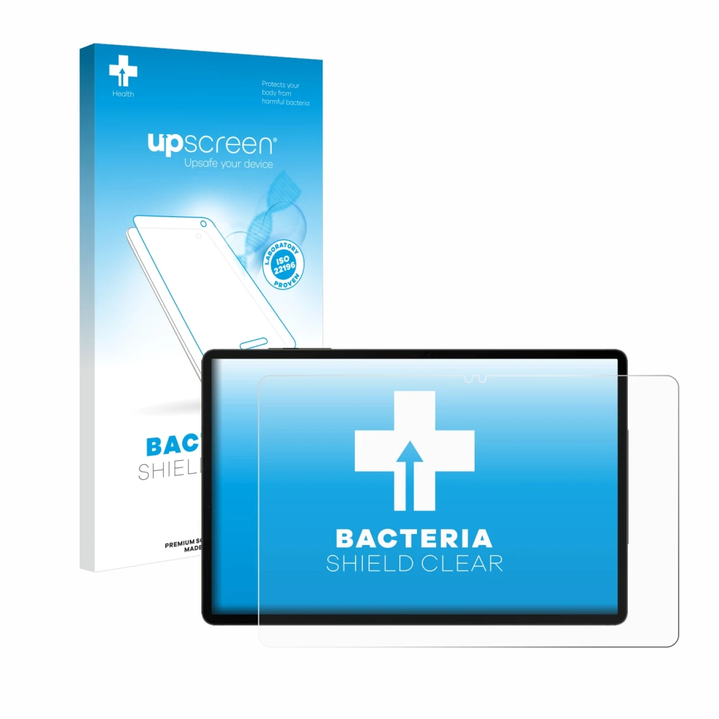 Face avant d’un emballage produit avec le logo de la marque upscreen. À côté, l’appareil Samsung Galaxy Tab S9 WiFi est représ