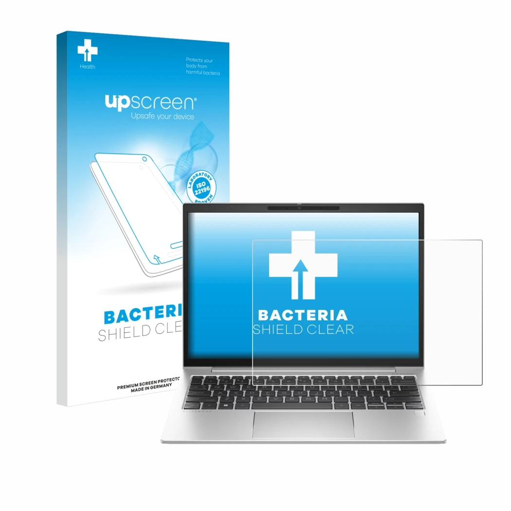 Face avant d’un emballage produit avec le logo de la marque upscreen. À côté, l’appareil HP EliteBook 835 G10 est représenté a