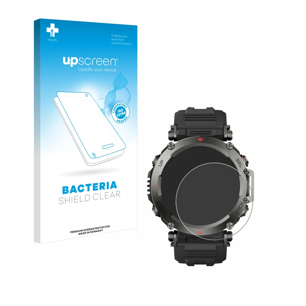 Face avant d’un emballage produit avec le logo de la marque upscreen. À côté, l’appareil Huami Amazfit T-Rex Ultra est représe