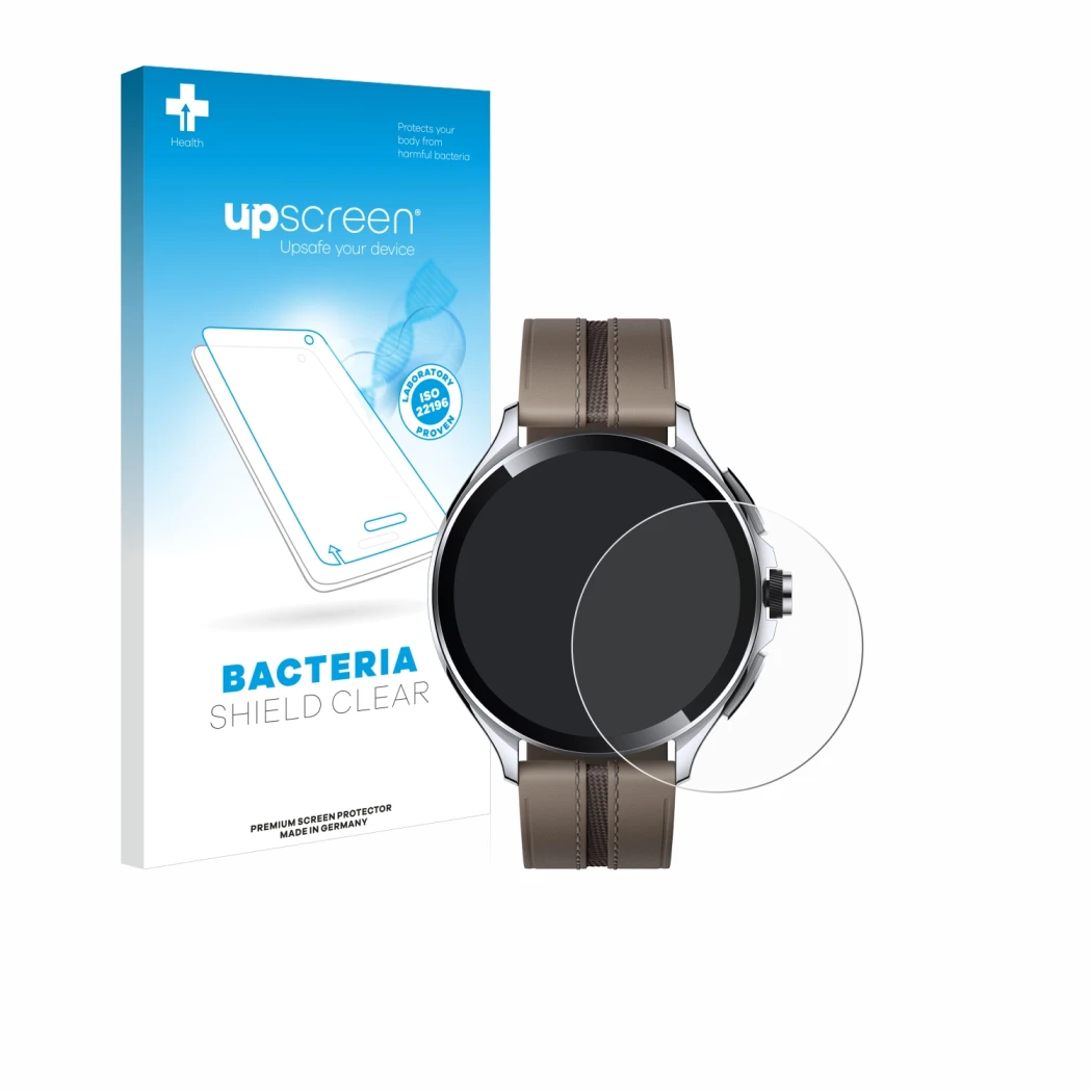 Face avant d’un emballage produit avec le logo de la marque upscreen. À côté, l’appareil Xiaomi Watch 2 Pro est représenté ave