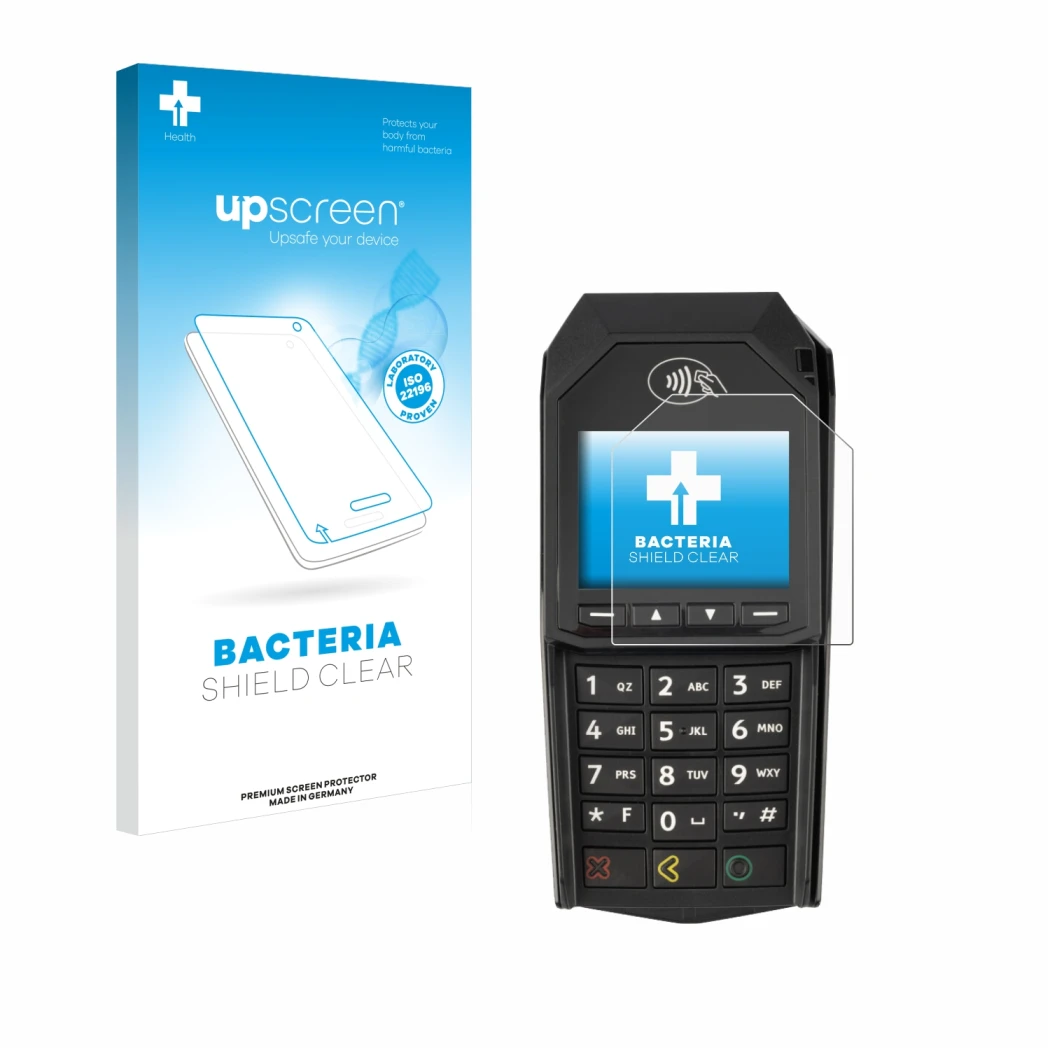 Face avant d’un emballage produit avec le logo de la marque upscreen. À côté, l’appareil ingenico Lane/3000 (non-touch) est re