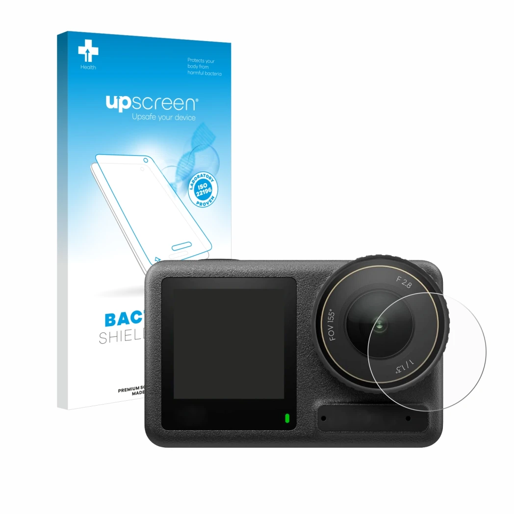 Face avant d’un emballage produit avec le logo de la marque upscreen. À côté, l’appareil DJI Osmo Action 4 (Lentille) est repr