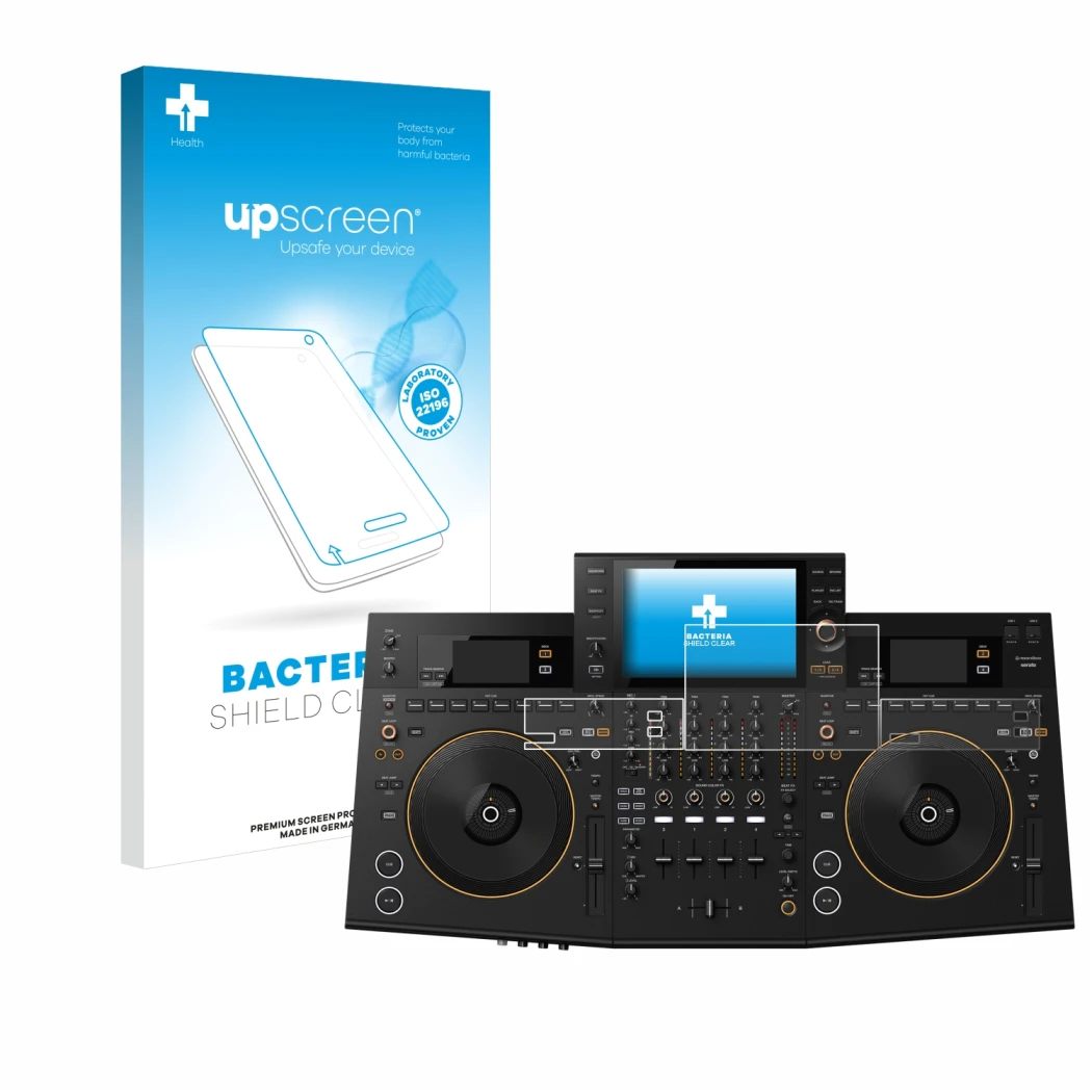 Face avant d’un emballage produit avec le logo de la marque upscreen. À côté, l’appareil Pioneer OPUS-QUAD est représenté avec
