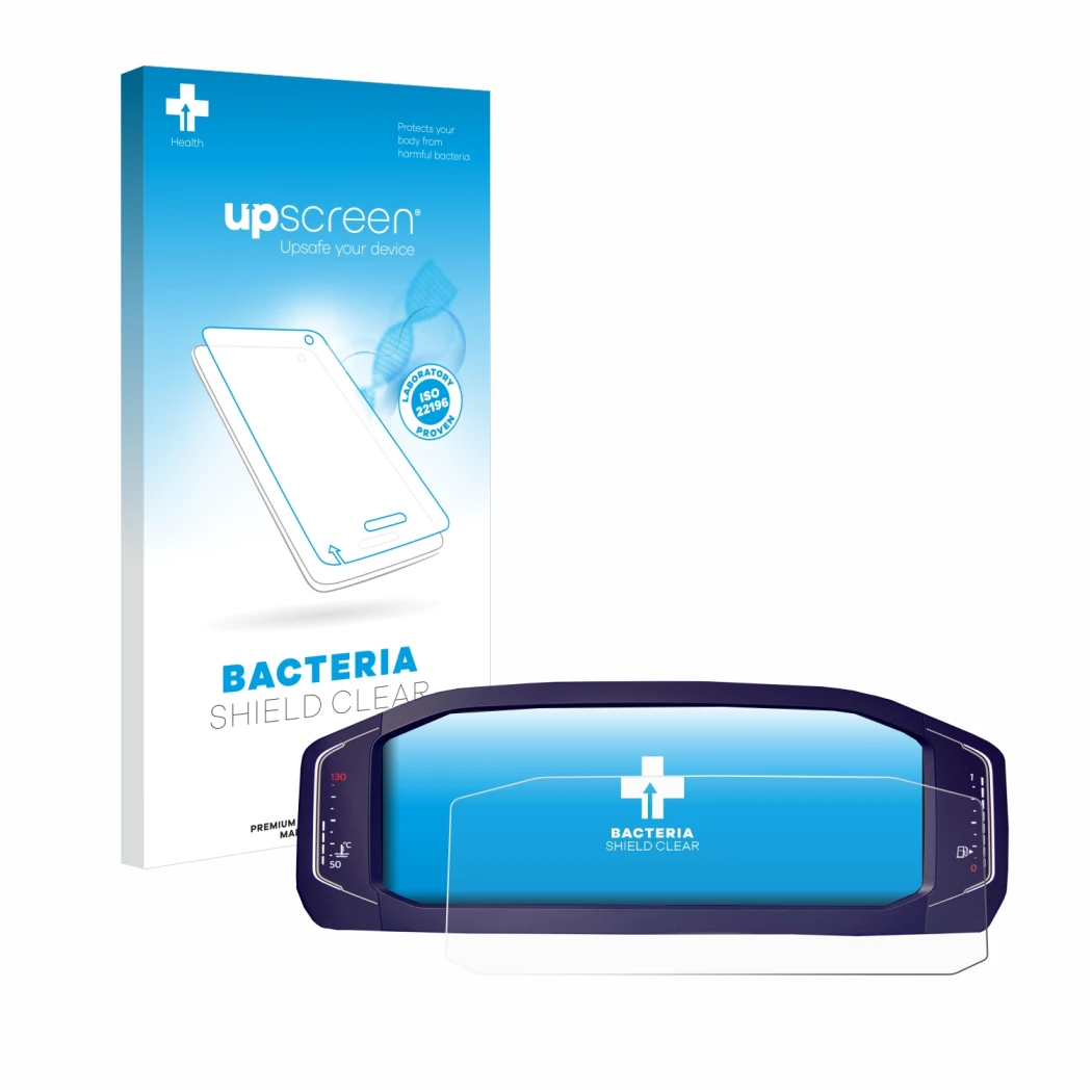 Face avant d’un emballage produit avec le logo de la marque upscreen. À côté, l’appareil Volkswagen Passat B8 Digital Cockpit 