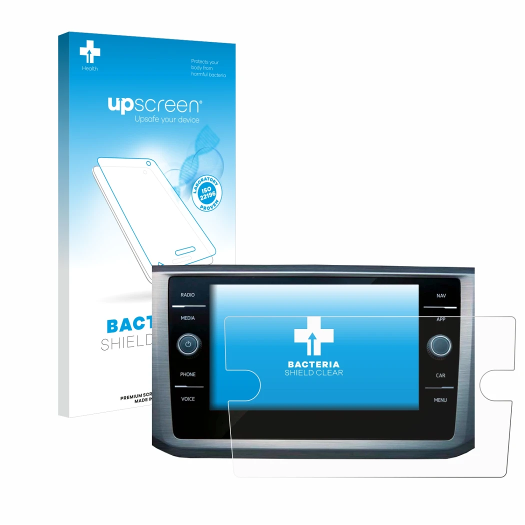 Face avant d’un emballage produit avec le logo de la marque upscreen. À côté, l’appareil Volkswagen Passat B8 Discover Media 8