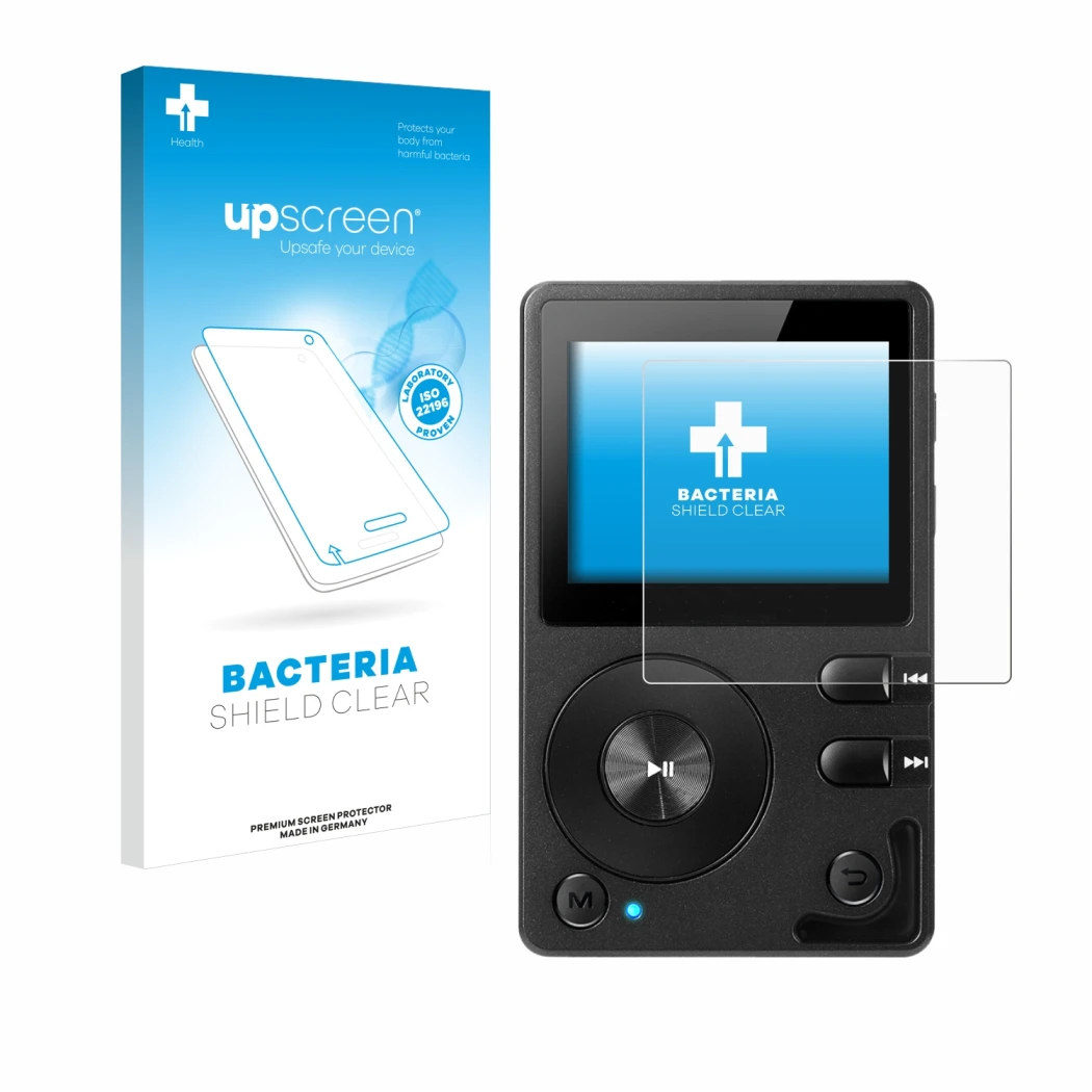 Face avant d’un emballage produit avec le logo de la marque upscreen. À côté, l’appareil Hifi Walker H2 est représenté avec la
