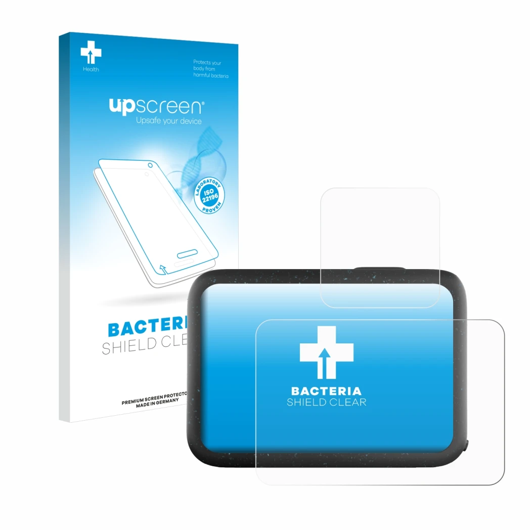 Face avant d’un emballage produit avec le logo de la marque upscreen. À côté, l’appareil GoPro Hero 12 Black est représenté av