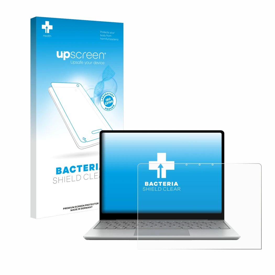 Face avant d’un emballage produit avec le logo de la marque upscreen. À côté, l’appareil Microsoft Surface Laptop Go 3 Busines