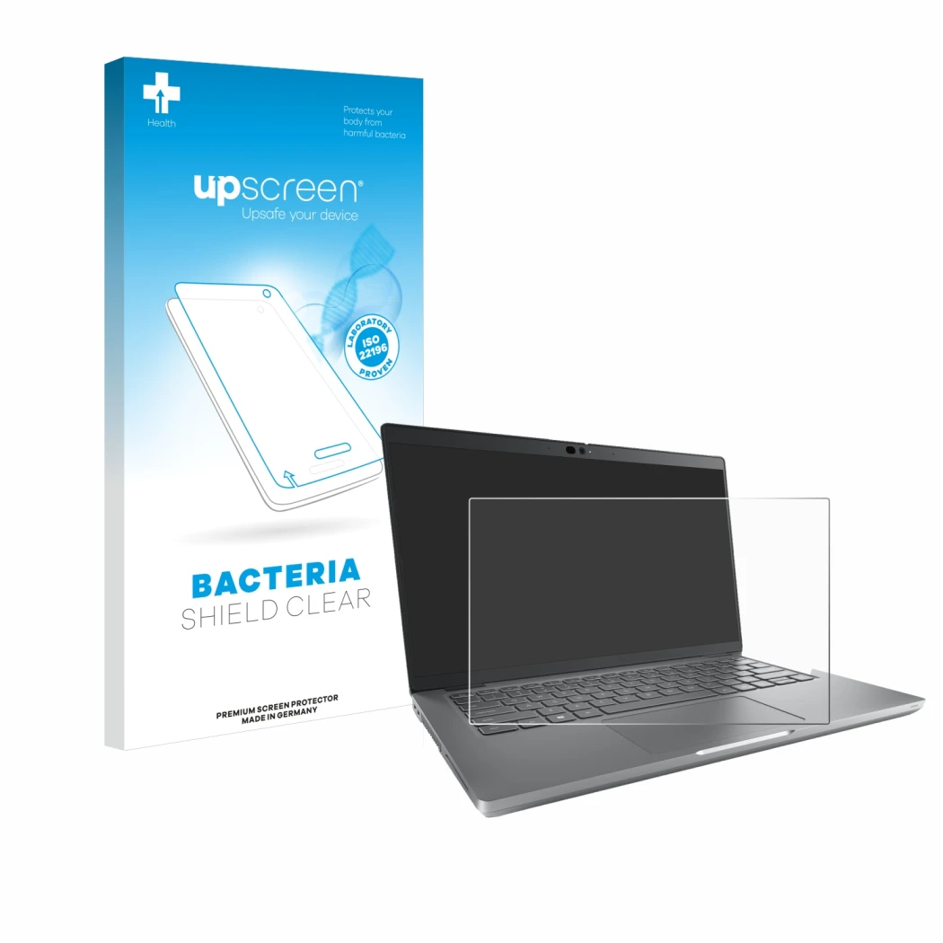 Face avant d’un emballage produit avec le logo de la marque upscreen. À côté, l’appareil Dell Latitude 9430 Non-Touch est repr