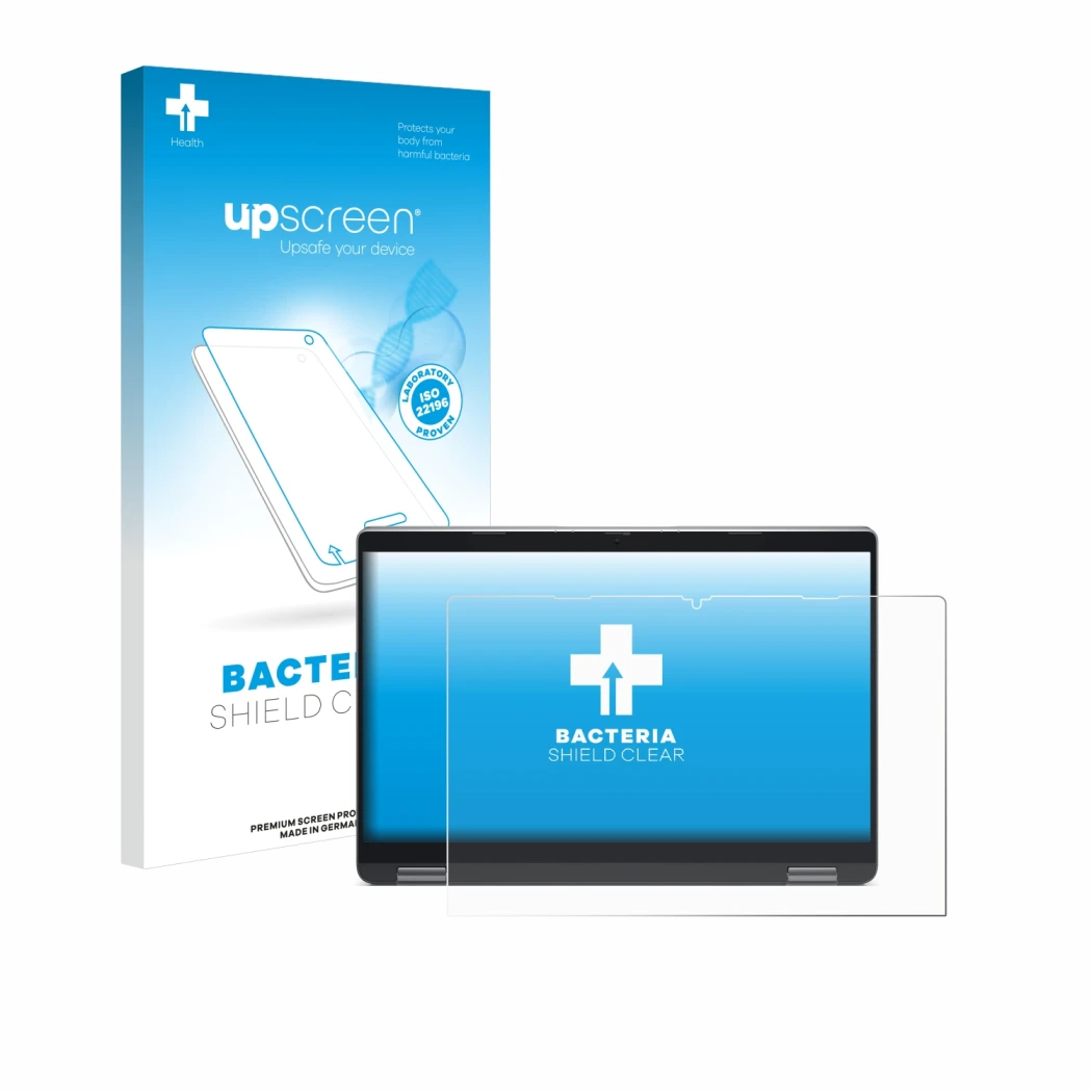 Face avant d’un emballage produit avec le logo de la marque upscreen. À côté, l’appareil Dell Latitude 5340 2-in-1 est représe