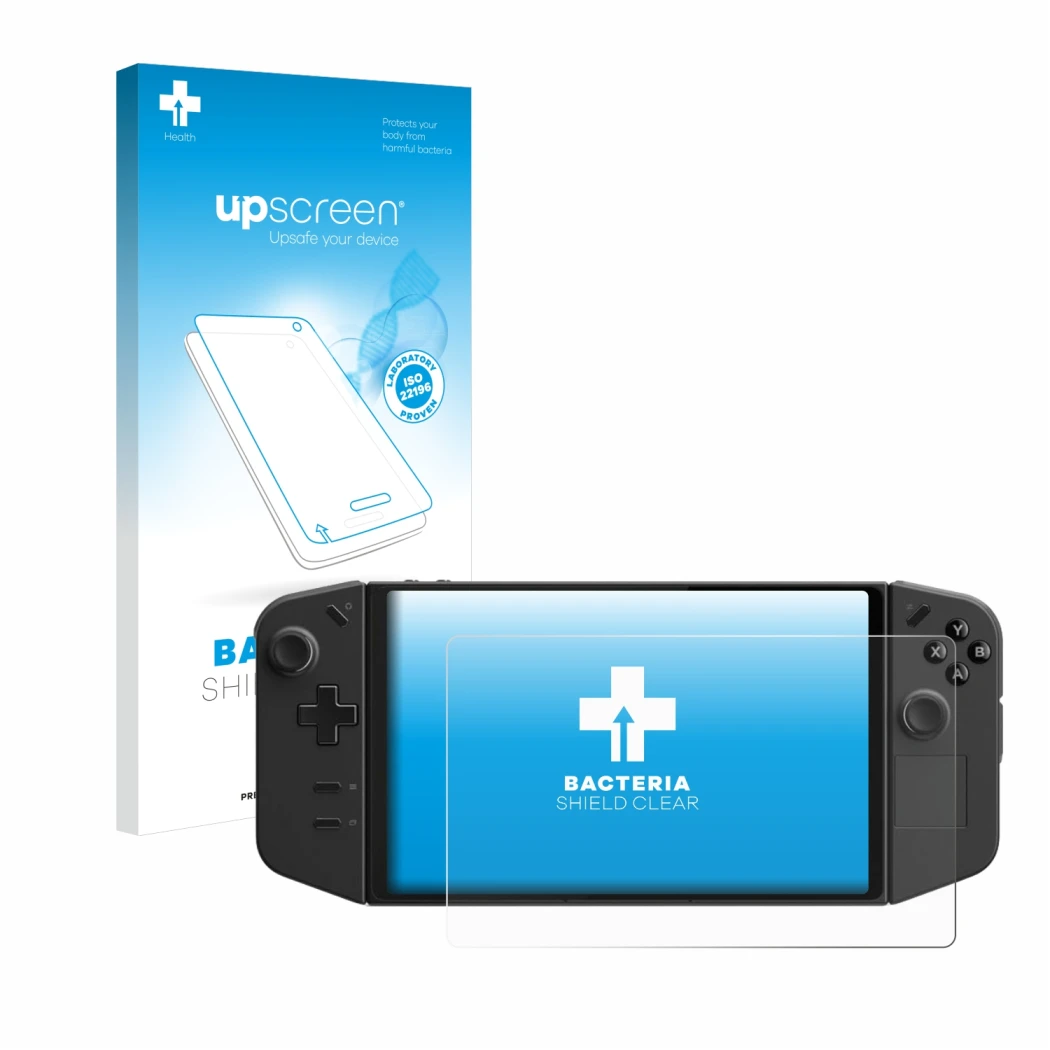 Face avant d’un emballage produit avec le logo de la marque upscreen. À côté, l’appareil Lenovo Legion Go est représenté avec 