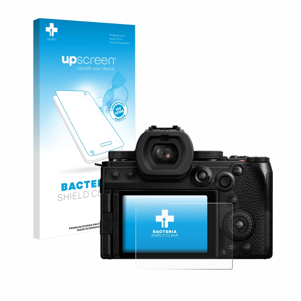 Face avant d’un emballage produit avec le logo de la marque upscreen. À côté, l’appareil Panasonic Lumix DC-S5M2X est représen