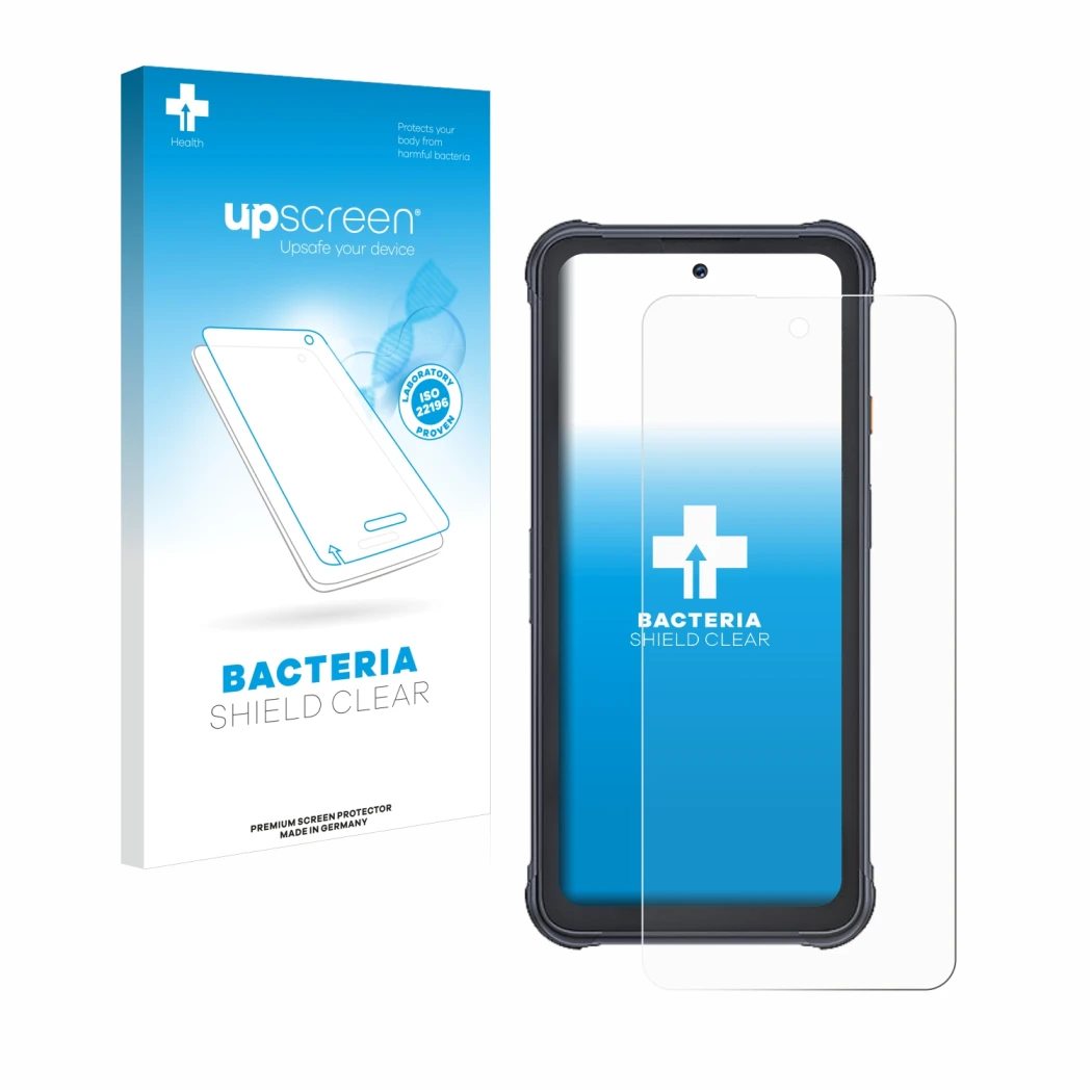 Face avant d’un emballage produit avec le logo de la marque upscreen. À côté, l’appareil Cubot King Kong 8 est représenté avec