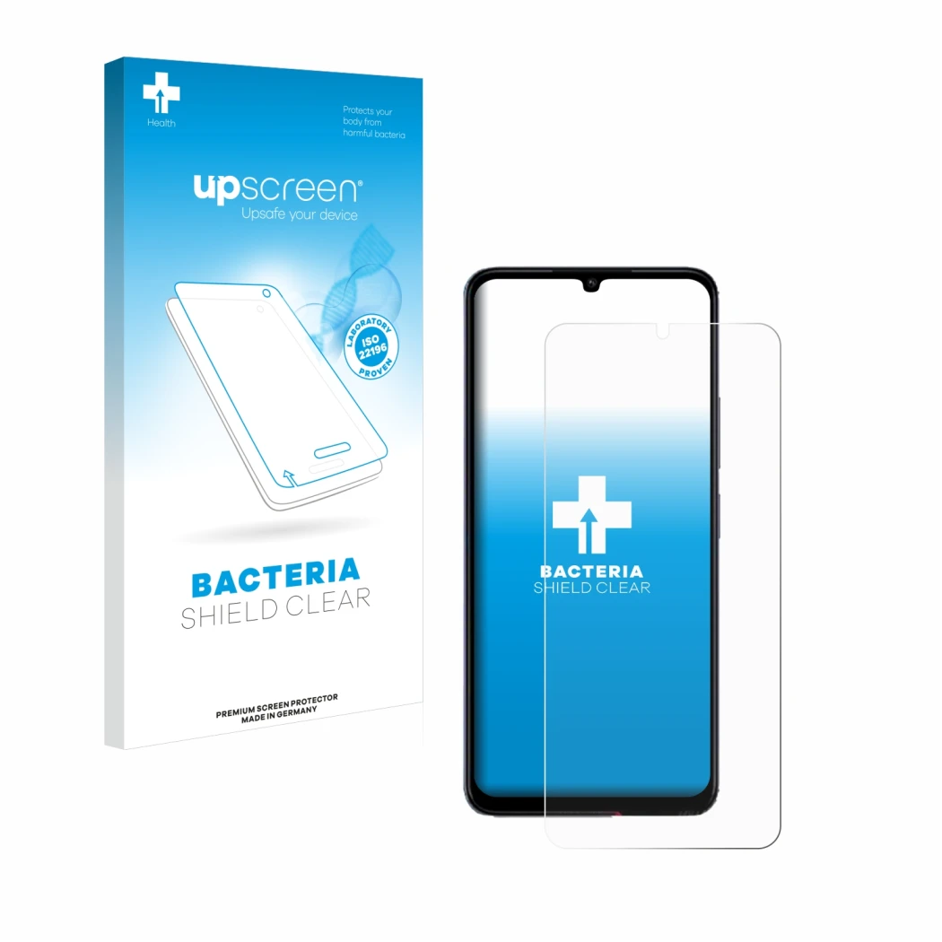Face avant d’un emballage produit avec le logo de la marque upscreen. À côté, l’appareil Xiaomi Poco C65 est représenté avec l