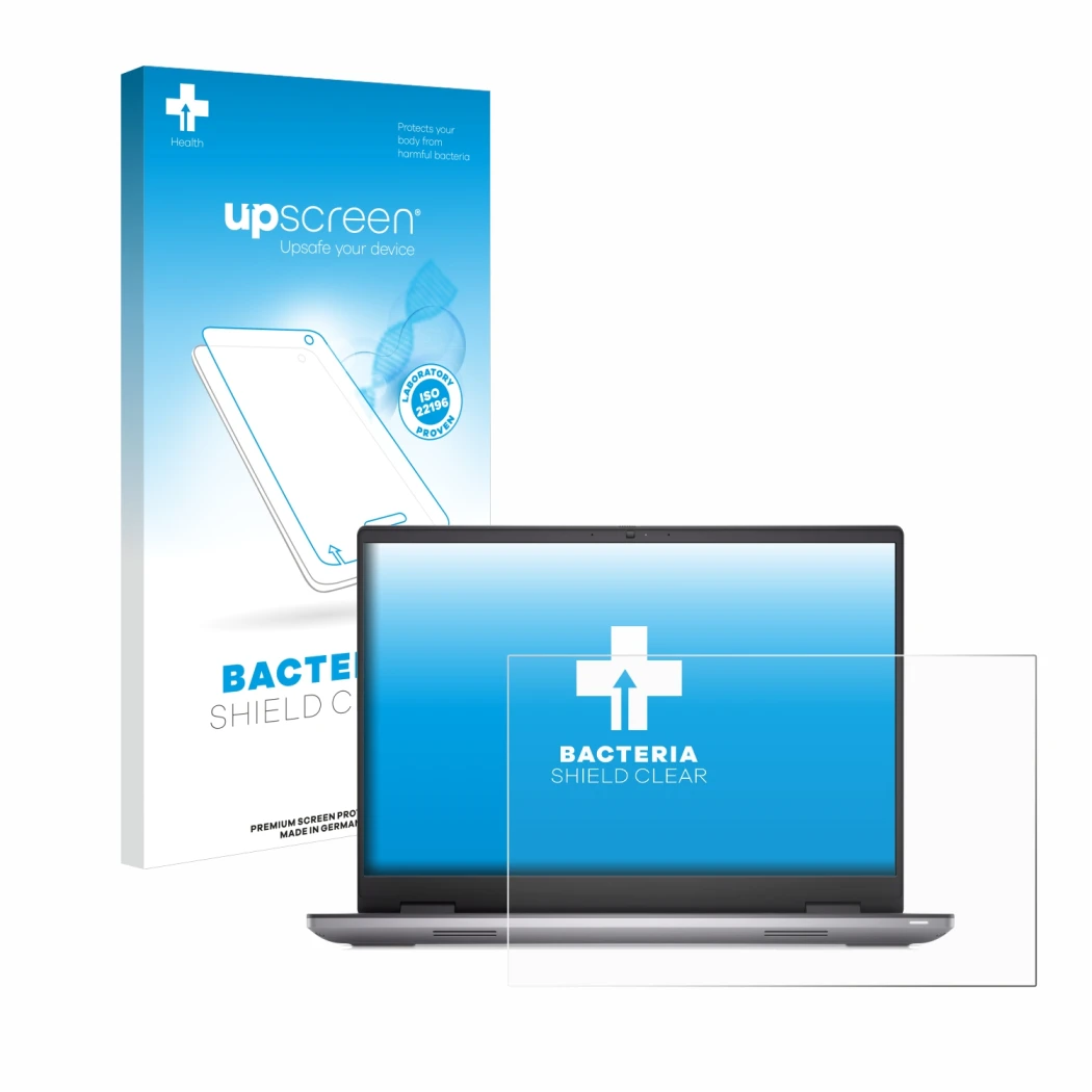 Face avant d’un emballage produit avec le logo de la marque upscreen. À côté, l’appareil Dell Precision 7670 Non-Touch est rep