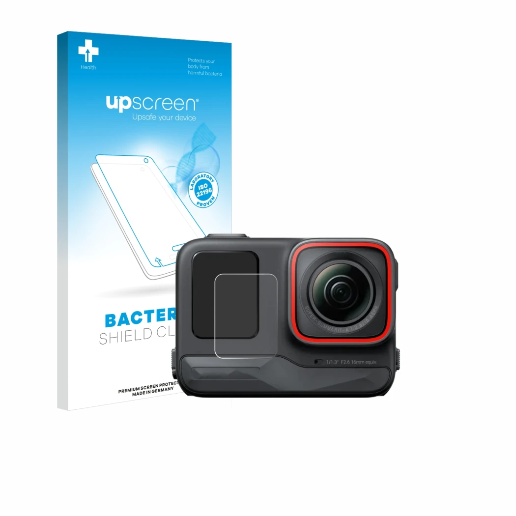 Face avant d’un emballage produit avec le logo de la marque upscreen. À côté, l’appareil Insta360 Ace Pro (Affichage avant) es