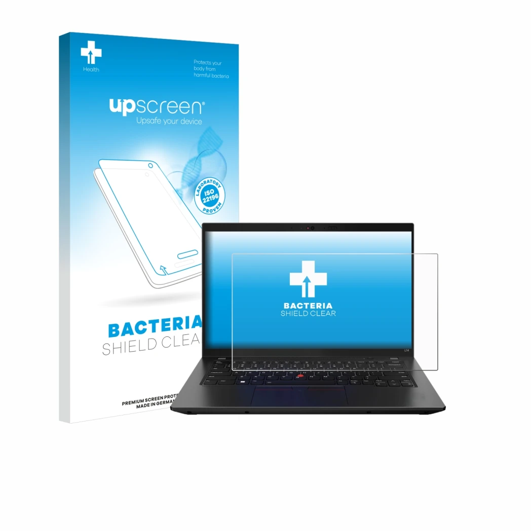 Face avant d’un emballage produit avec le logo de la marque upscreen. À côté, l’appareil Lenovo ThinkPad L14 Gen 3 est représe