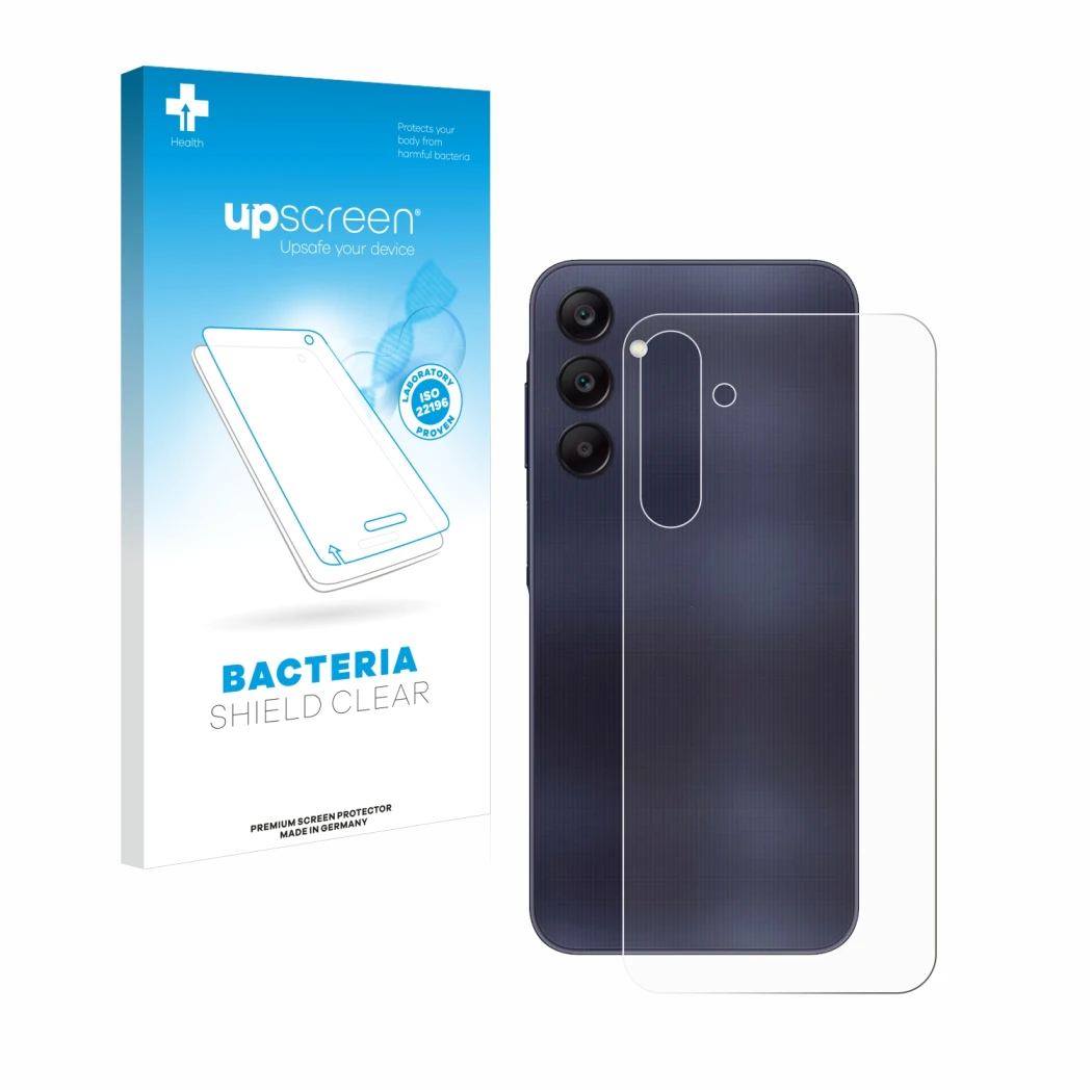 Face avant d’un emballage produit avec le logo de la marque upscreen. À côté, l’appareil Samsung Galaxy A25 5G (Arrière) est r