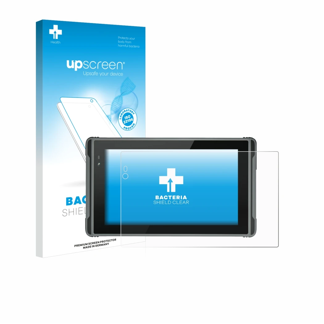 Face avant d’un emballage produit avec le logo de la marque upscreen. À côté, l’appareil Hugerock X7 est représenté avec la pr