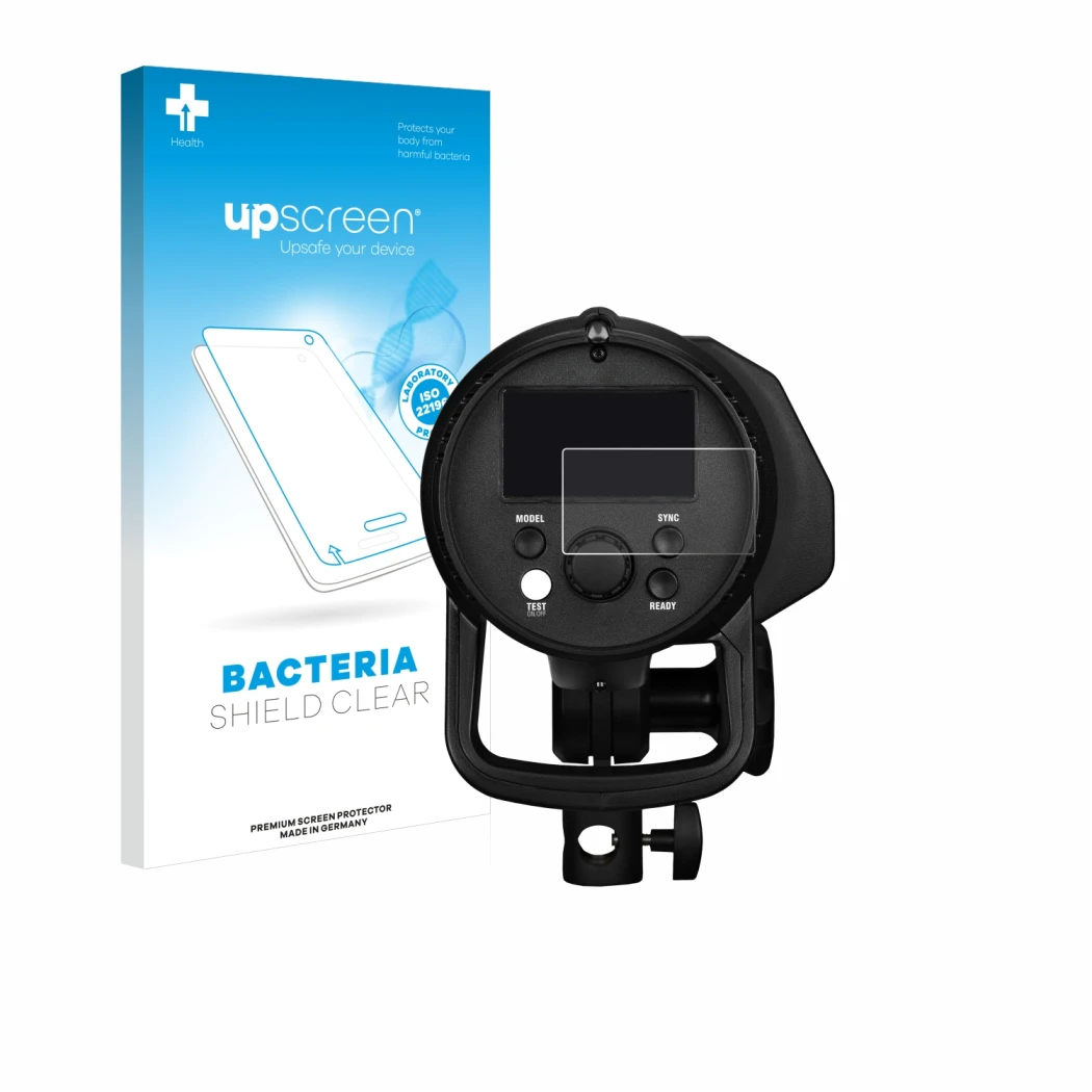 Face avant d’un emballage produit avec le logo de la marque upscreen. À côté, l’appareil Profoto B1X est représenté avec la pr
