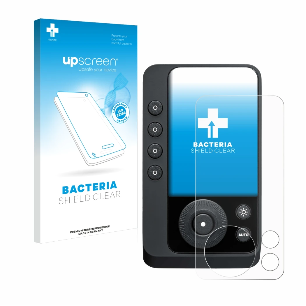 Face avant d’un emballage produit avec le logo de la marque upscreen. À côté, l’appareil Profoto Connect Pro est représenté av