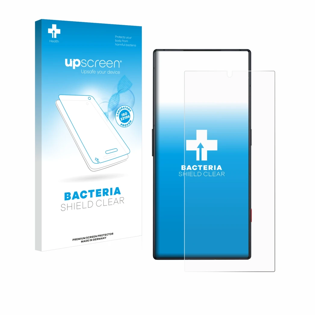 Face avant d’un emballage produit avec le logo de la marque upscreen. À côté, l’appareil ZTE Nubia Red Magic 8 Pro est représe